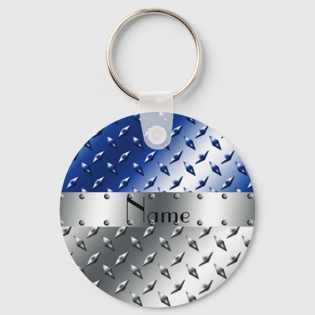 Personalised name silver blue diamond steel plate key ring (Front)