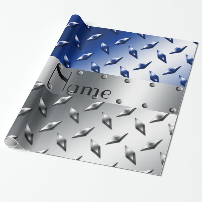 Personalised name silver blue diamond steel plate wrapping paper (Unrolled)
