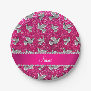 Personalised name silver dove neon hot pink glitte paper plate