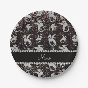Personalised name silver dragons black glitter paper plate