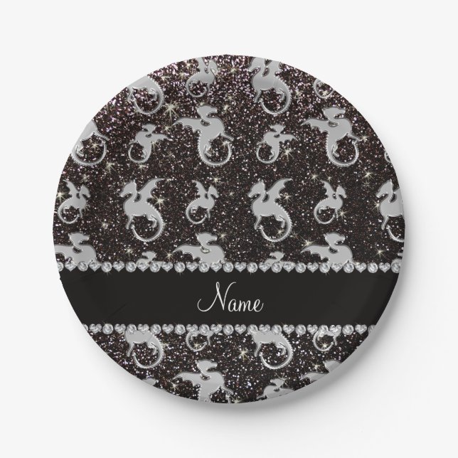 Personalised name silver dragons black glitter paper plate (Front)