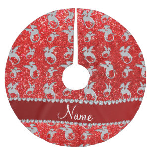 Personalised name silver dragons neon red glitter brushed polyester tree skirt