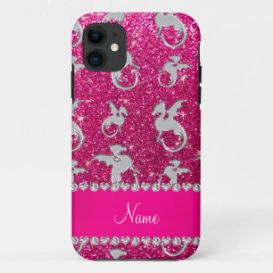 Personalised name silver dragons pink glitter iPhone 11 case