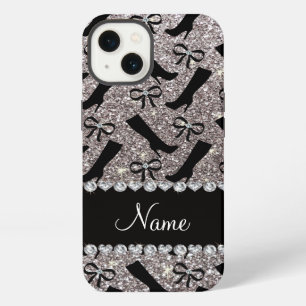 Personalised name silver glitter boots bows iPhone 13 case