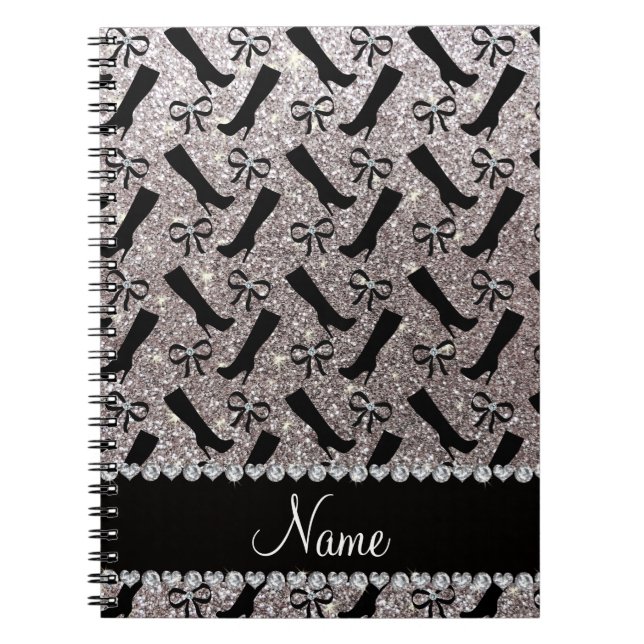 Personalised name silver glitter boots bows notebook (Front)