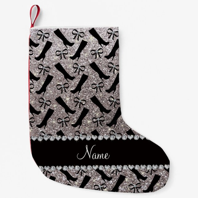Personalised name silver glitter boots bows small christmas stocking (Front)
