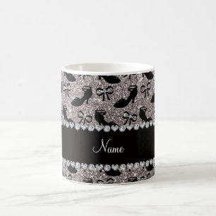 Personalised name silver glitter fancy shoes bows coffee mug