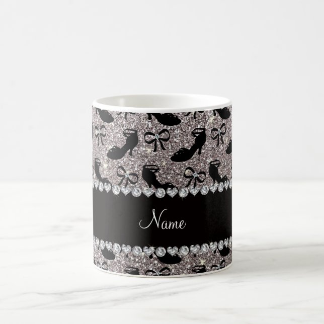 Personalised name silver glitter fancy shoes bows coffee mug (Center)