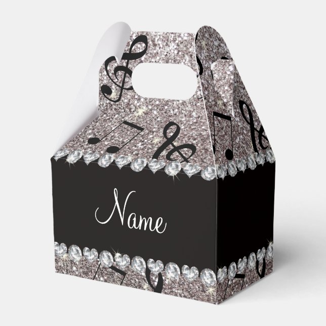 Personalised name silver glitter music notes favour box (Front Side)