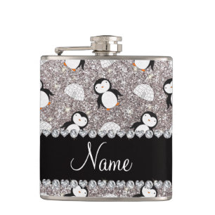 Personalised name silver glitter penguins igloos hip flask