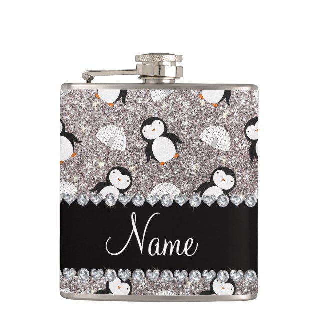 Personalised name silver glitter penguins igloos hip flask (Front)