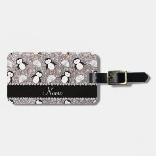 Personalised name silver glitter penguins igloos luggage tag