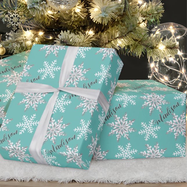 Personalised Name Silver Snowflake Teal Gift Wrapping Paper (Creator Uploaded)