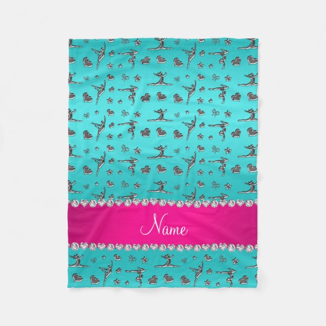 Personalised name silver turquoise gymnastics fleece blanket (Front)