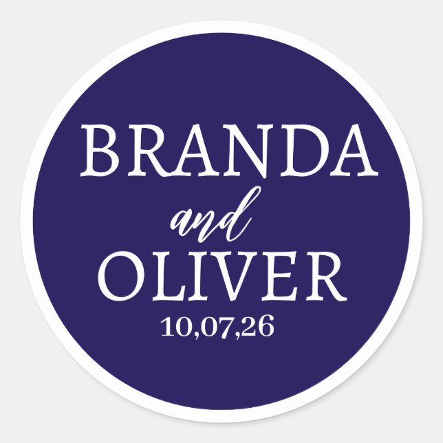 Personalised Name Simple Cute Dark Blue Wedding Classic Round Sticker (Front)