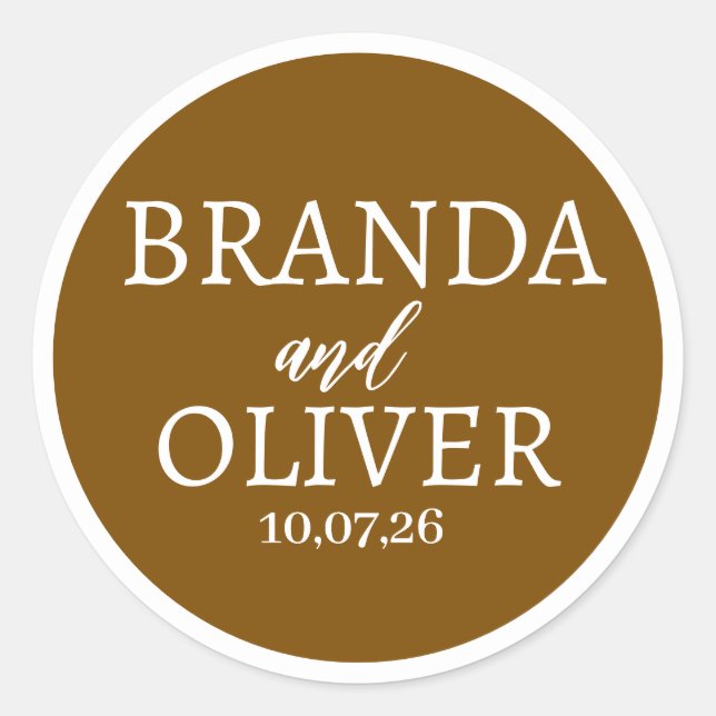 Personalised Name Simple Cute Dark Brown Wedding Classic Round Sticker (Front)