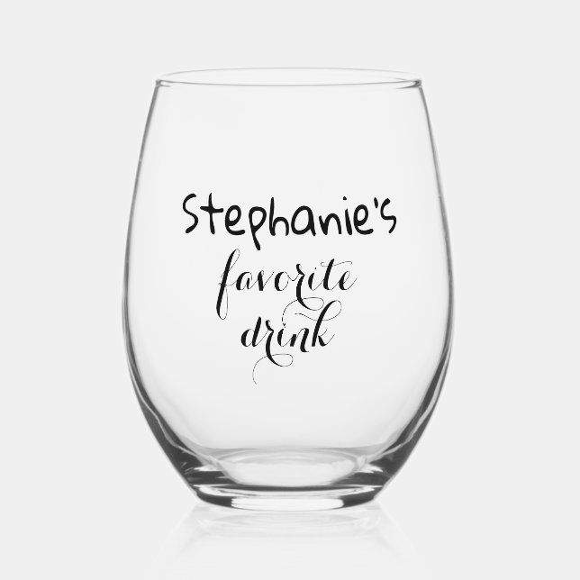 Personalised Name Simple Favourite Drink Chic Stemless Wine Glass (Front)