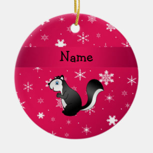 Personalised name skunk pink snowflakes ceramic tree decoration