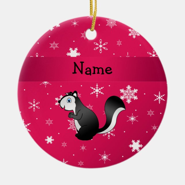 Personalised name skunk pink snowflakes ceramic tree decoration (Front)