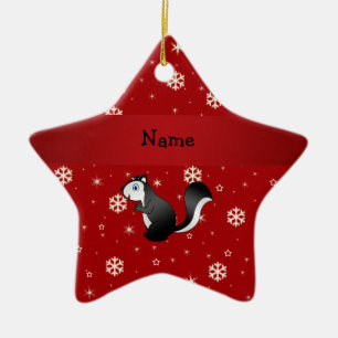 Personalised name skunk red snowflakes ceramic tree decoration