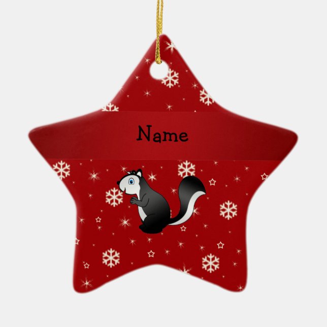 Personalised name skunk red snowflakes ceramic tree decoration (Front)