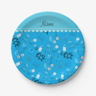 Personalised name sky blue baby animals paper plate