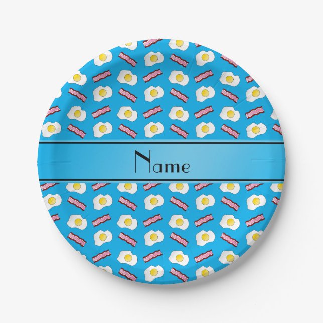 Personalised name sky blue bacon eggs paper plate (Front)