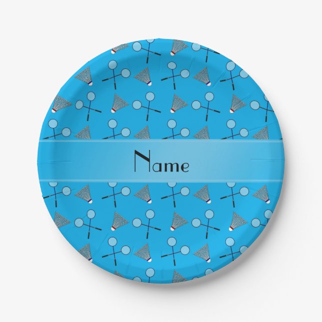 Personalised name sky blue badminton paper plate (Front)
