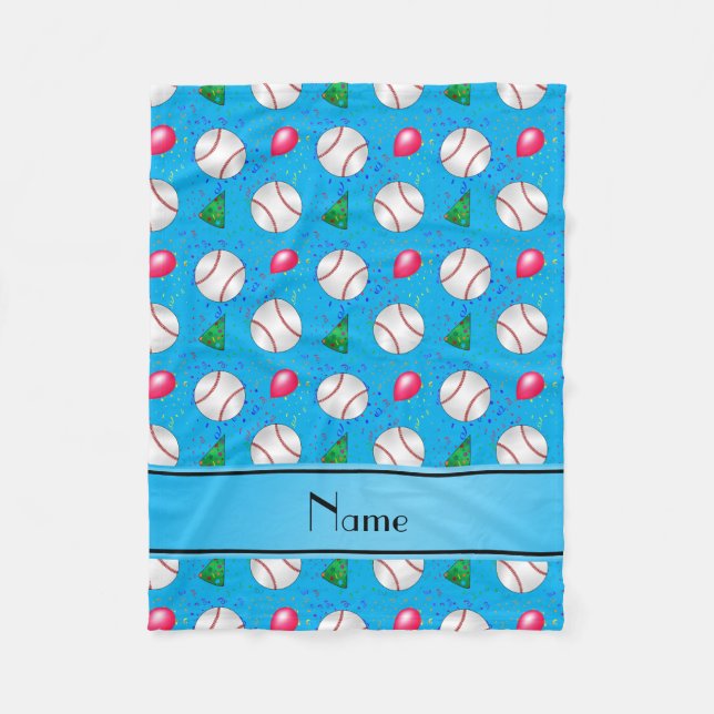 Personalised name sky blue baseball birthday fleece blanket (Front)