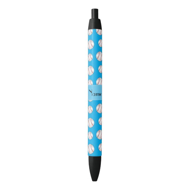 Personalised name sky blue baseballs pattern black ink pen (Front Vertical)