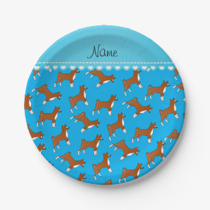 Personalised name sky blue basenji dogs paper plate