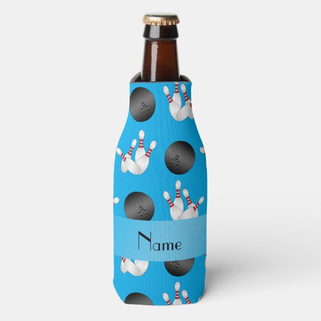 Personalised name sky blue bowling pattern bottle cooler (Bottle Front)