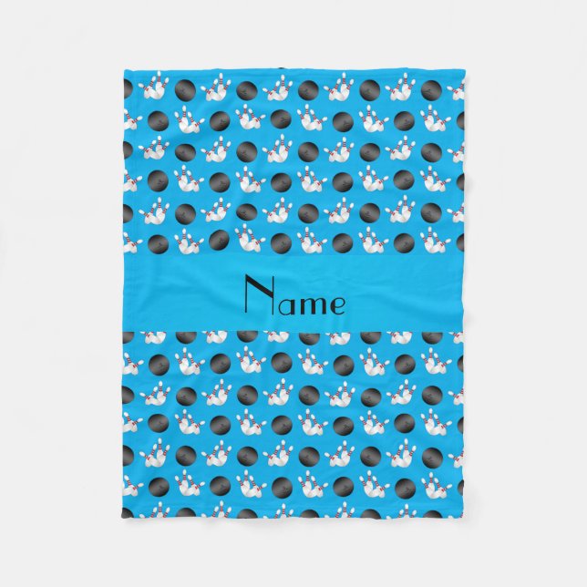 Personalised name sky blue bowling pattern fleece blanket (Front)