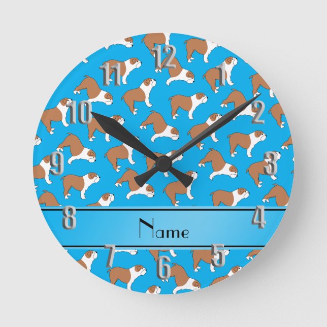 Personalised name sky blue Bulldog Round Clock (Front)