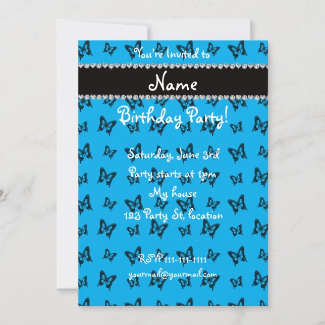 Personalised name sky blue butterfly pattern invitation (Front)