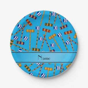 Personalised name sky blue croquet pattern paper plate