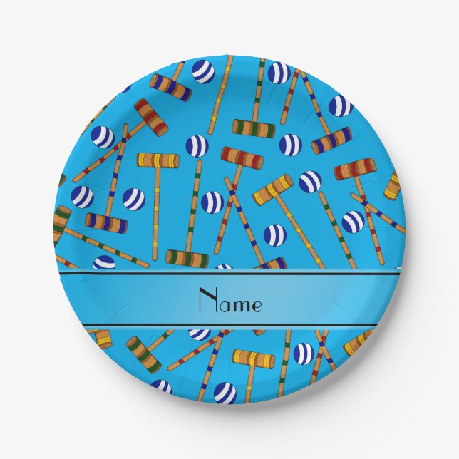 Personalised name sky blue croquet pattern paper plate (Front)