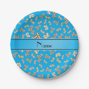 Personalised name sky blue dominos paper plate