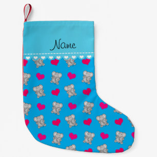 Personalised name sky blue elephants heart pattern small christmas stocking