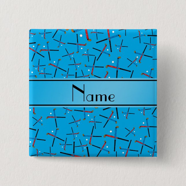 Personalised name sky blue field hockey pattern 15 cm square badge (Front)