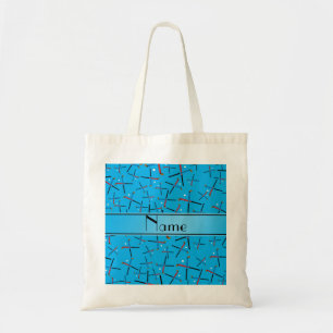 Personalised name sky blue field hockey pattern tote bag
