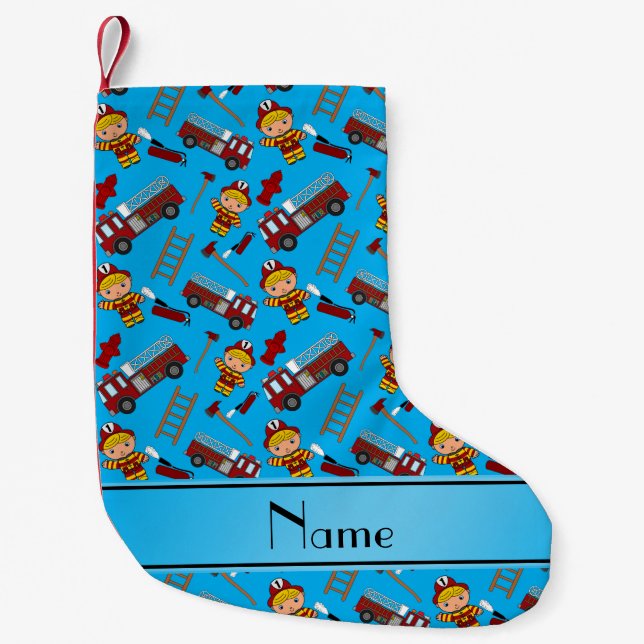 Personalised name sky blue firemen trucks ladders small christmas stocking (Front)