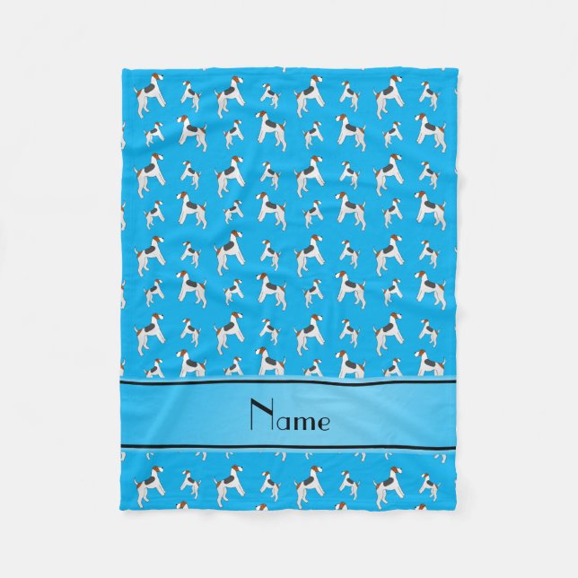 Personalised name sky blue fox terrier dogs fleece blanket (Front)