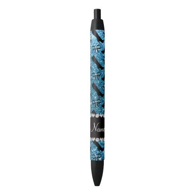 Personalised name sky blue glitter boots bows black ink pen (Front Vertical)