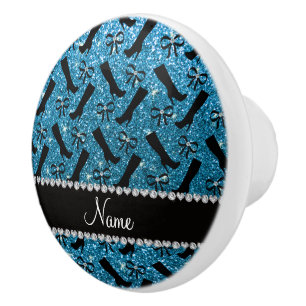 Personalised name sky blue glitter boots bows ceramic knob