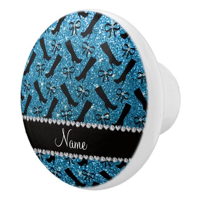 Personalised name sky blue glitter boots bows ceramic knob (Right)