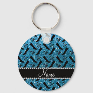Personalised name sky blue glitter boots bows key ring