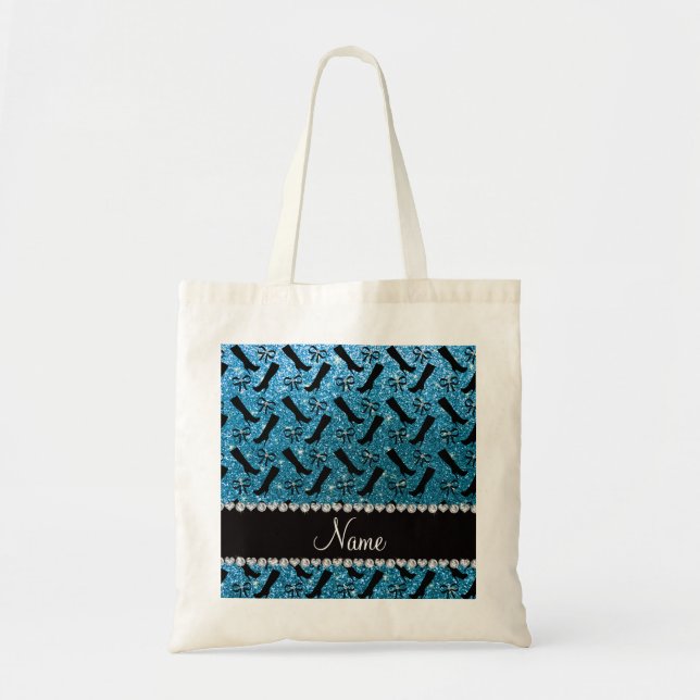 Personalised name sky blue glitter boots bows tote bag (Front)
