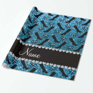 Personalised name sky blue glitter boots bows wrapping paper