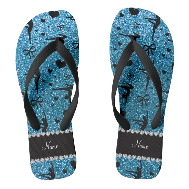 Personalised name sky blue glitter gymnastics flip flops (Footbed)